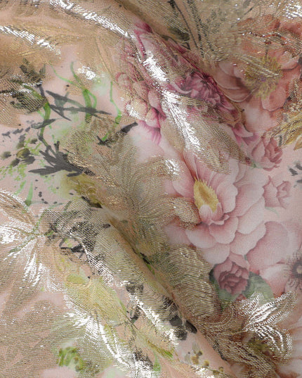 Blush Pink Floral Silk Chiffon Fabric with Metallic Lurex, Width 140 cm, South Korea-D21270