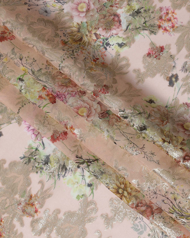 Blush Pink Floral Silk Chiffon Fabric with Metallic Lurex, Width 140 cm, South Korea-D21270