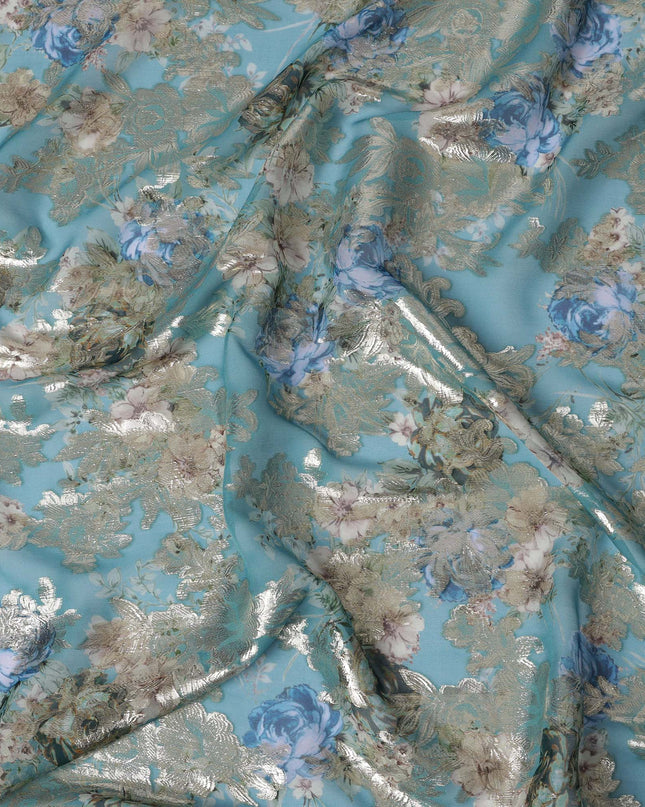 Teal Blue Floral Silk Chiffon Fabric with Metallic Lurex, Width 140 cm, South Korea-D21271