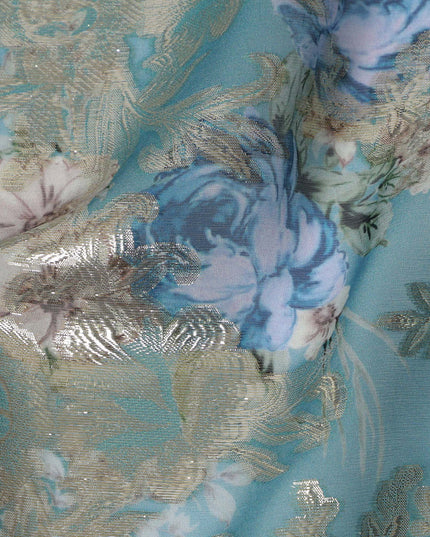 Teal Blue Floral Silk Chiffon Fabric with Metallic Lurex, Width 140 cm, South Korea-D21271