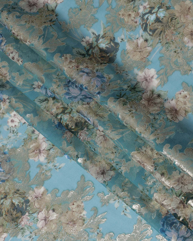 Teal Blue Floral Silk Chiffon Fabric with Metallic Lurex, Width 140 cm, South Korea-D21271