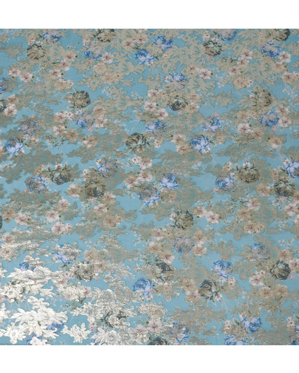 Teal Blue Floral Silk Chiffon Fabric with Metallic Lurex, Width 140 cm, South Korea-D21271