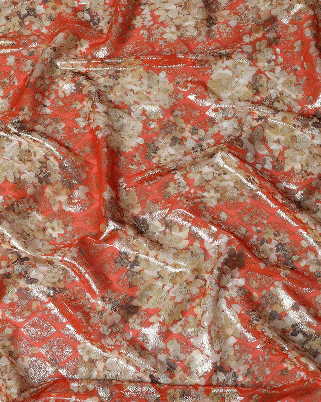 Coral Floral Silk Chiffon Fabric with Metallic Lurex, Width 140 cm, South Korea-D21272