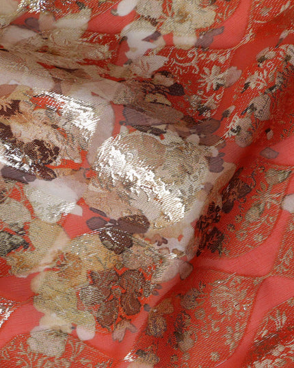 Coral Floral Silk Chiffon Fabric with Metallic Lurex, Width 140 cm, South Korea-D21272