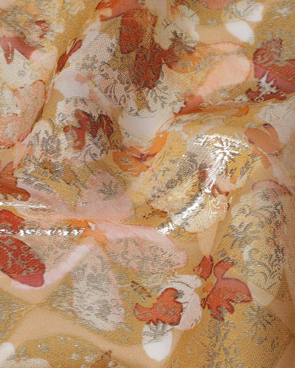 Mustard Yellow Floral Silk Chiffon Fabric with Metallic Lurex, Width 140 cm, South Korea-D21273