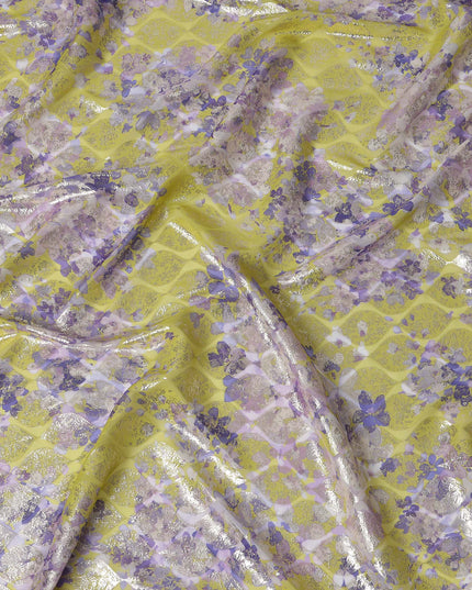 Lime Yellow Floral Silk Chiffon Fabric with Metallic Lurex, Width 140 cm, South Korea-D21274