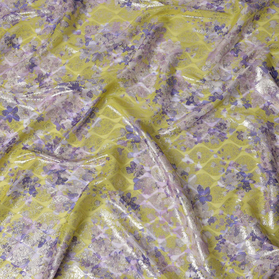 قماش شيفون حرير مزهر باللون الأصفر الليموني مع لوركس معدني، عرض 140 سم، كوريا الجنوبية-D21274