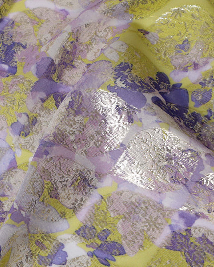 Lime Yellow Floral Silk Chiffon Fabric with Metallic Lurex, Width 140 cm, South Korea-D21274