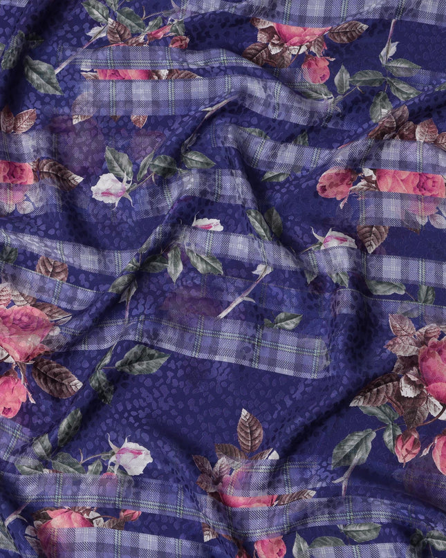 Navy Blue Floral Silk Satin Fabric, Width 140 cm, South Korea-D21277