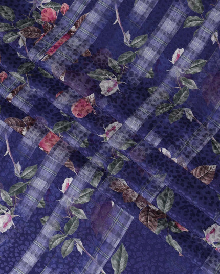 Navy Blue Floral Silk Satin Fabric, Width 140 cm, South Korea-D21277