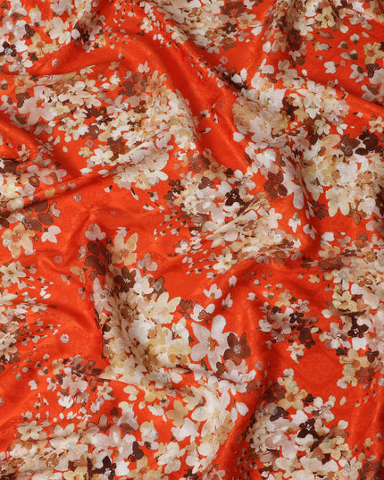 Orange Floral Silk Satin Fabric with metallic accents, Width 140 cm, South Korea-D21281