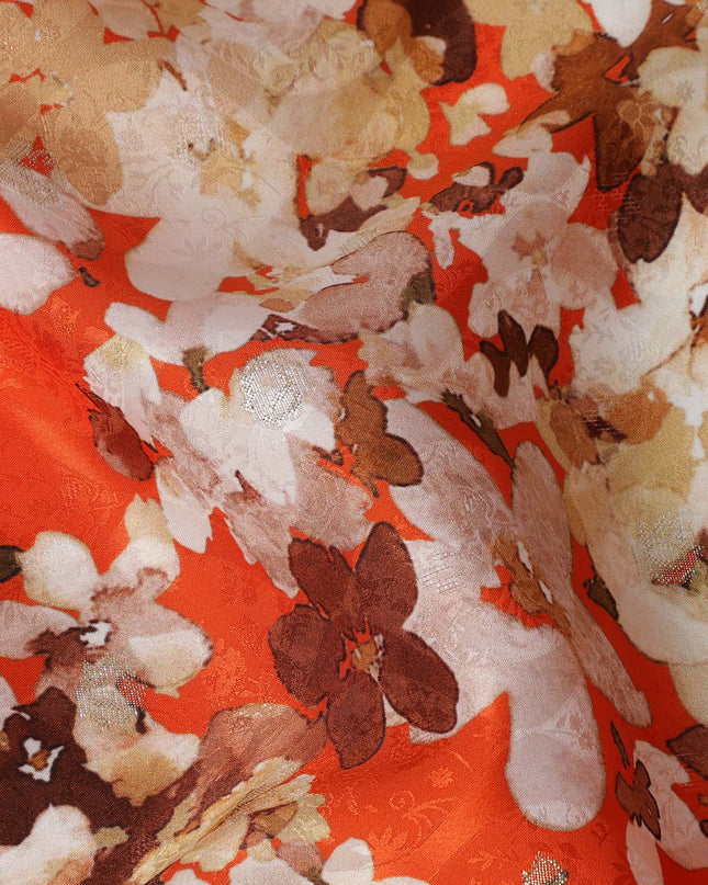 Orange Floral Silk Satin Fabric with metallic accents, Width 140 cm, South Korea-D21281