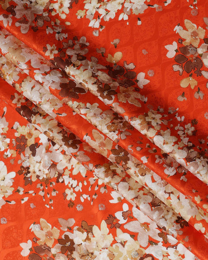 Orange Floral Silk Satin Fabric with metallic accents, Width 140 cm, South Korea-D21281