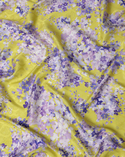 Yellow Floral Silk Satin Fabric with Metallic Accents, Width 140 cm, South Korea-D21282