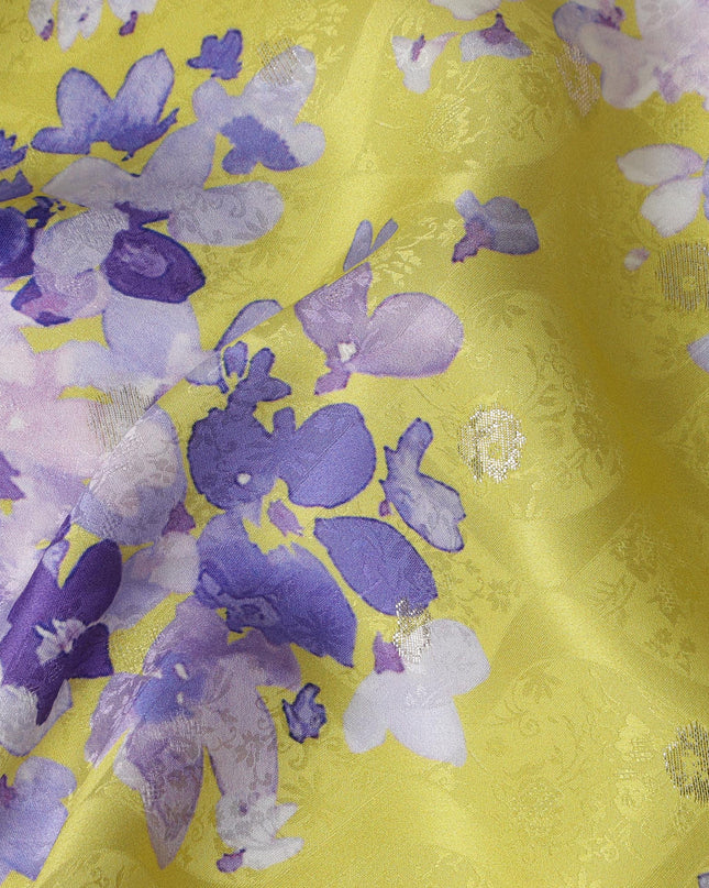 Yellow Floral Silk Satin Fabric with Metallic Accents, Width 140 cm, South Korea-D21282