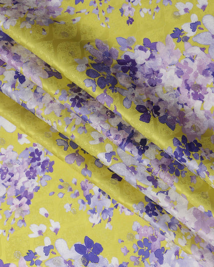 Yellow Floral Silk Satin Fabric with Metallic Accents, Width 140 cm, South Korea-D21282