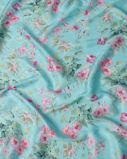 Aqua Floral Silk Satin Fabric with Metallic Accents, Width 140 cm, South Korea-D21284