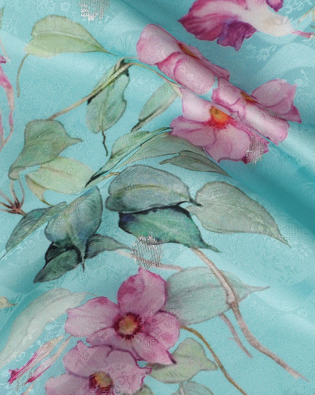 Aqua Floral Silk Satin Fabric with Metallic Accents, Width 140 cm, South Korea-D21284