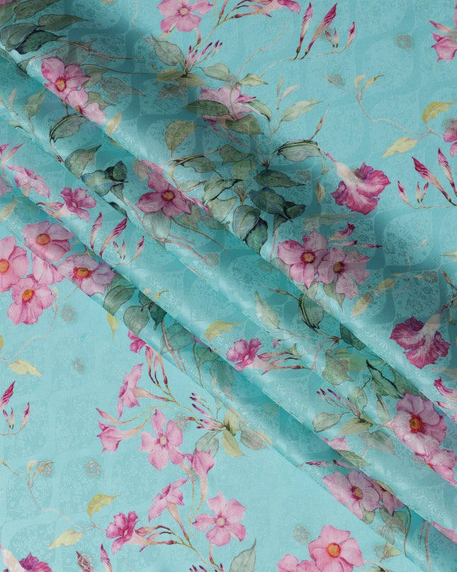 Aqua Floral Silk Satin Fabric with Metallic Accents, Width 140 cm, South Korea-D21284