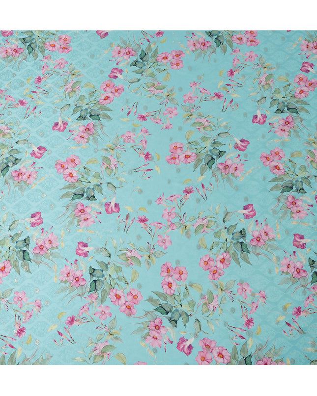 Aqua Floral Silk Satin Fabric with Metallic Accents, Width 140 cm, South Korea-D21284