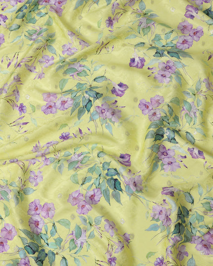 Lemon Yellow Floral Silk Satin Fabric with Metallic Accents, Width 140 cm, South Korea-D21285