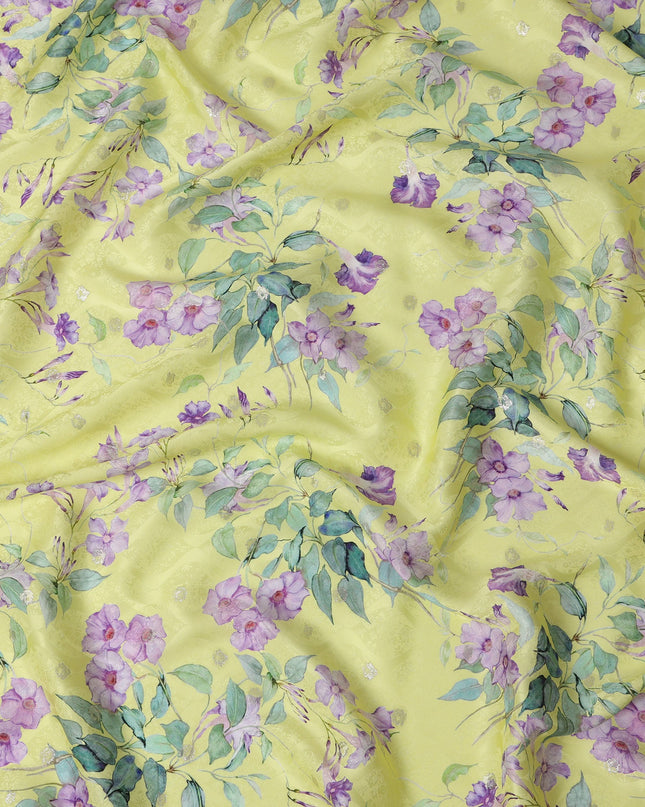 Lemon Yellow Floral Silk Satin Fabric with Metallic Accents, Width 140 cm, South Korea-D21285