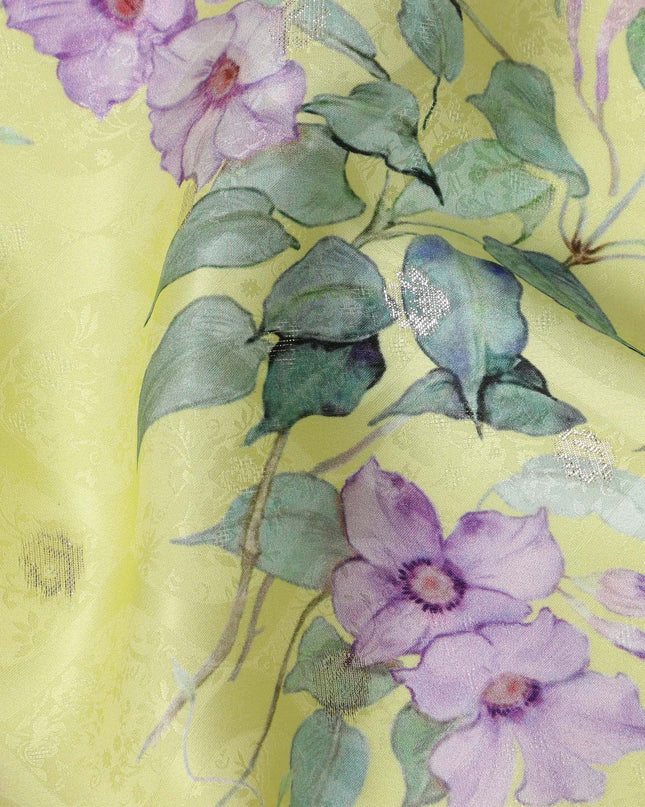 Lemon Yellow Floral Silk Satin Fabric with Metallic Accents, Width 140 cm, South Korea-D21285