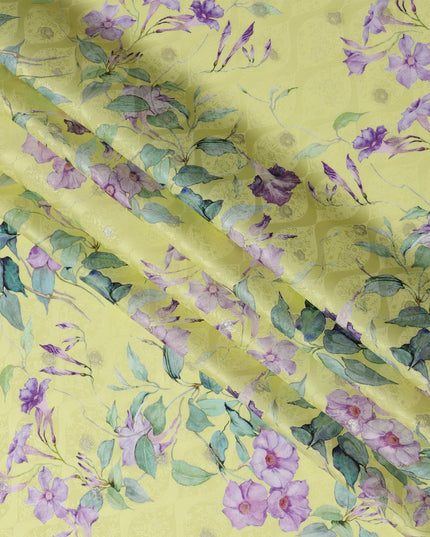 Lemon Yellow Floral Silk Satin Fabric with Metallic Accents, Width 140 cm, South Korea-D21285