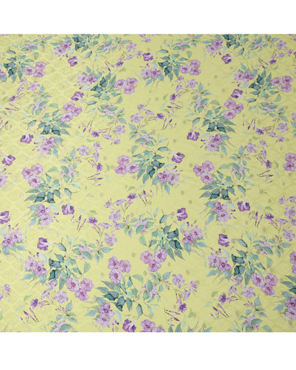 Lemon Yellow Floral Silk Satin Fabric with Metallic Accents, Width 140 cm, South Korea-D21285