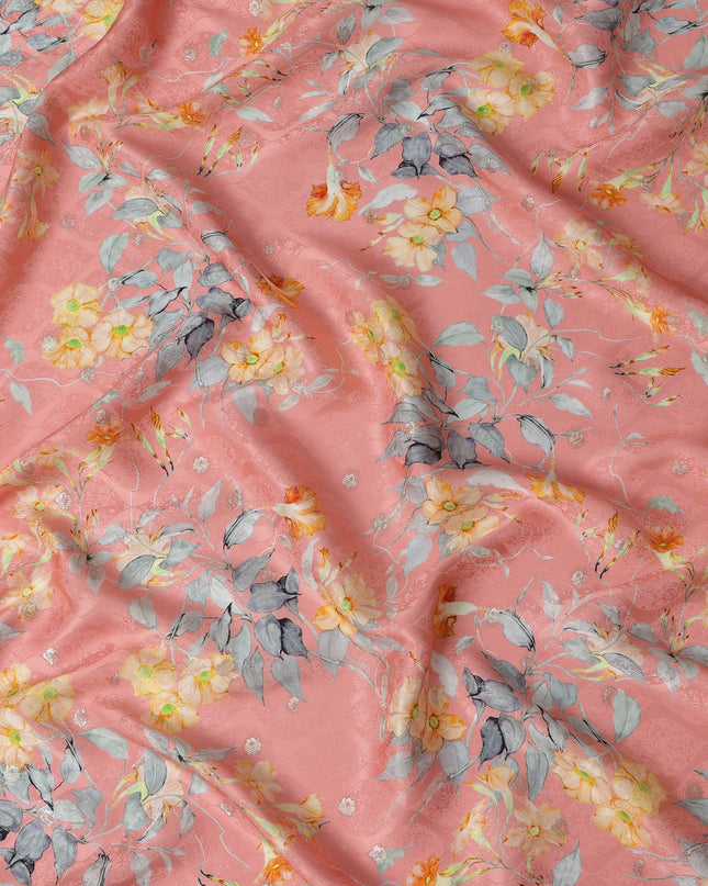 Peach Floral Silk Satin Fabric with Metallic Accents, Width 140 cm, South Korea-D21286