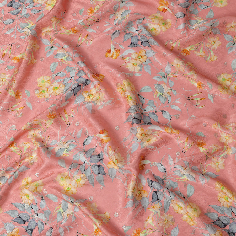 Peach Floral Silk Satin Fabric with Metallic Accents, Width 140 cm, South Korea-D21286 Regal Fabrics