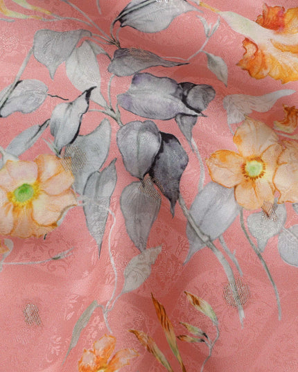 Peach Floral Silk Satin Fabric with Metallic Accents, Width 140 cm, South Korea-D21286