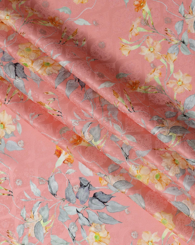 Peach Floral Silk Satin Fabric with Metallic Accents, Width 140 cm, South Korea-D21286