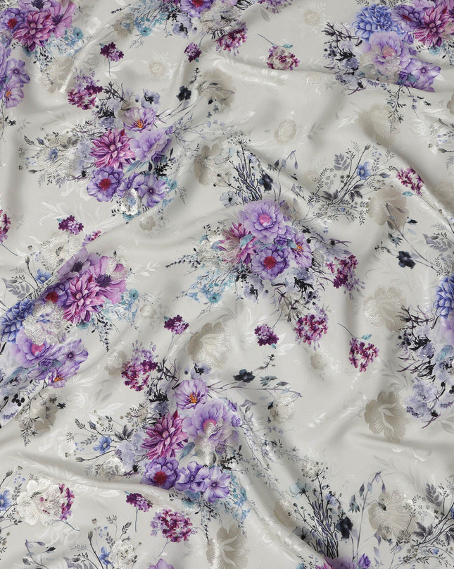 Pearl Grey Floral Silk Satin Fabric with Metallic Accents, Width 140 cm, South Korea-D21287