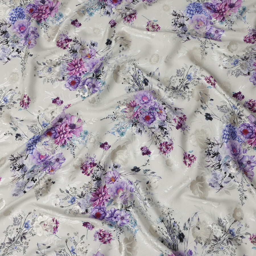 Pearl Grey Floral Silk Satin Fabric with Metallic Accents, Width 140 cm, South Korea-D21287 Regal Fabrics