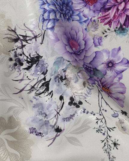 Pearl Grey Floral Silk Satin Fabric with Metallic Accents, Width 140 cm, South Korea-D21287