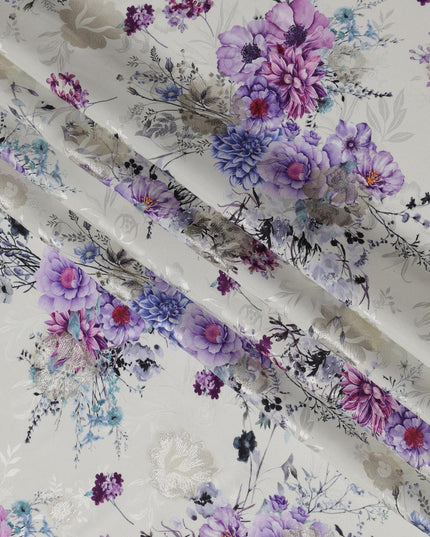 Pearl Grey Floral Silk Satin Fabric with Metallic Accents, Width 140 cm, South Korea-D21287