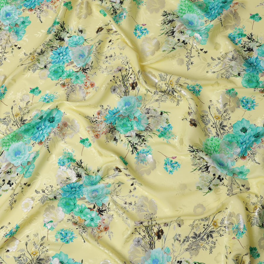 Yellow and Aqua Floral Silk Satin Fabric with Metallic Accents, Width 140 cm, South Korea-D21288