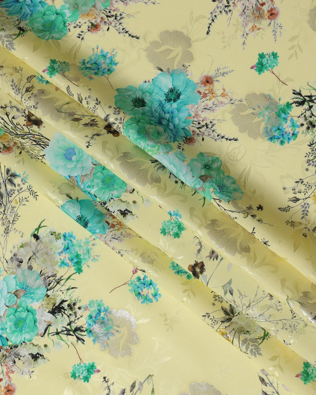 Yellow and Aqua Floral Silk Satin Fabric with Metallic Accents, Width 140 cm, South Korea-D21288