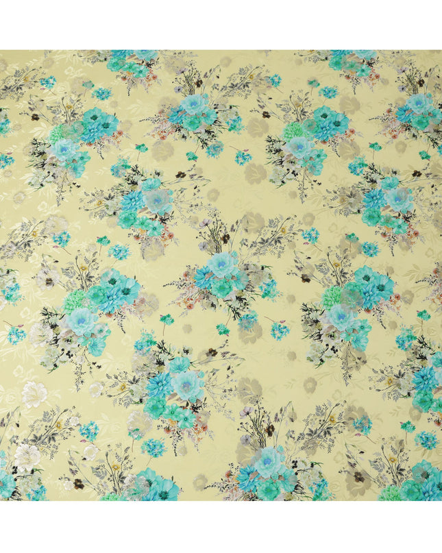 Yellow and Aqua Floral Silk Satin Fabric with Metallic Accents, Width 140 cm, South Korea-D21288