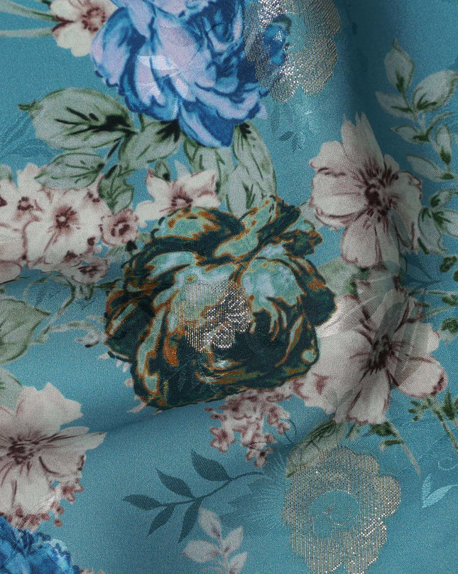 Aqua Blue Floral Silk Satin Fabric with Metallic Accents, Width 140 cm, South Korea-D21289