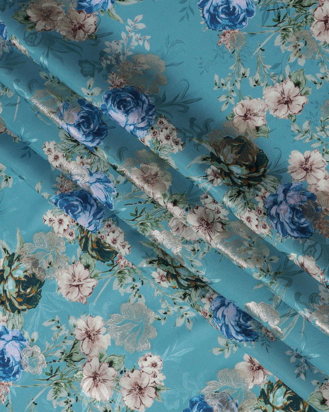 Aqua Blue Floral Silk Satin Fabric with Metallic Accents, Width 140 cm, South Korea-D21289