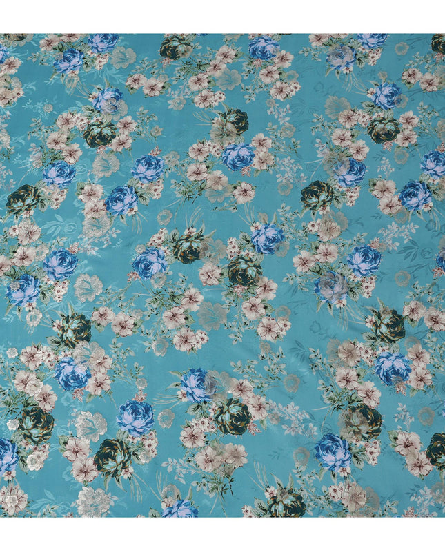 Aqua Blue Floral Silk Satin Fabric with Metallic Accents, Width 140 cm, South Korea-D21289