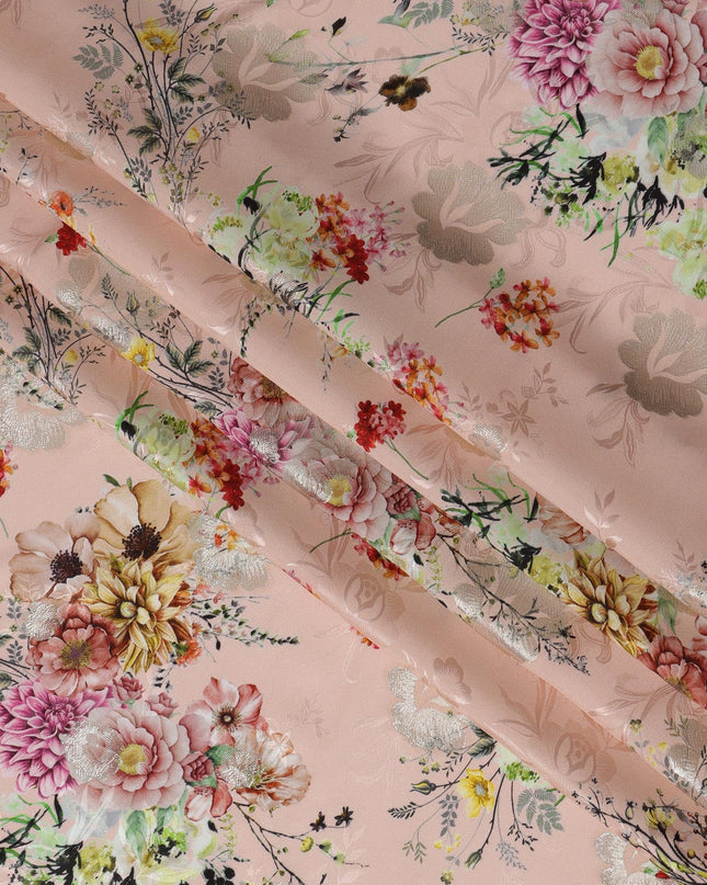 Blush Pink Floral Silk Satin Fabric with Metallic Accents, Width 140 cm, South Korea-D21290