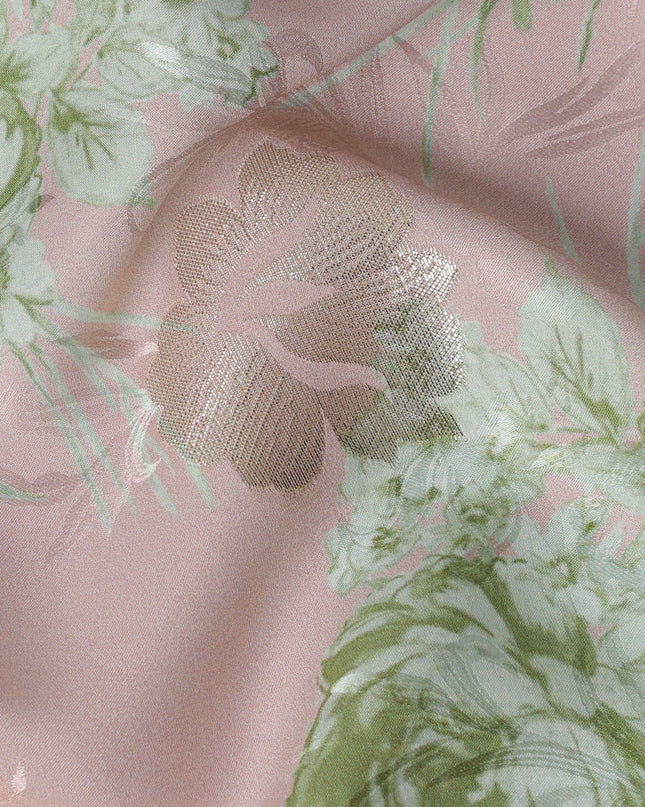 Pale Pink and Green Floral Silk Satin Fabric with Metallic Accents, Width 140 cm, South Korea-D21291