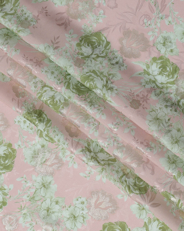 Pale Pink and Green Floral Silk Satin Fabric with Metallic Accents, Width 140 cm, South Korea-D21291