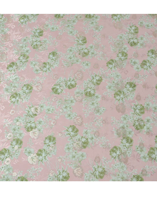 Pale Pink and Green Floral Silk Satin Fabric with Metallic Accents, Width 140 cm, South Korea-D21291