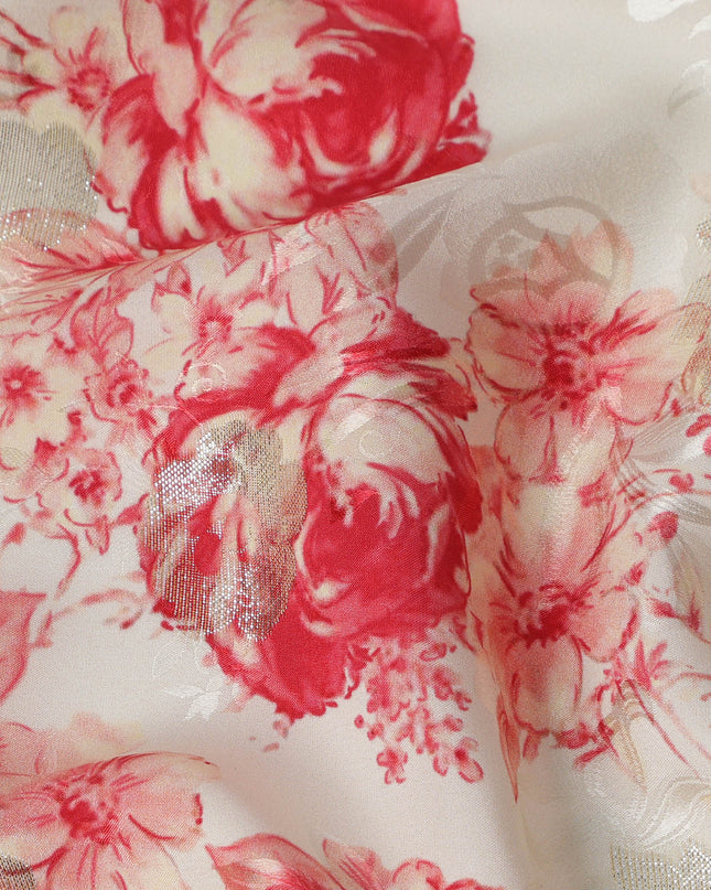 Ivory and Red Floral Silk Satin Fabric with Metallic Accents, Width 140 cm, South Korea-D21292