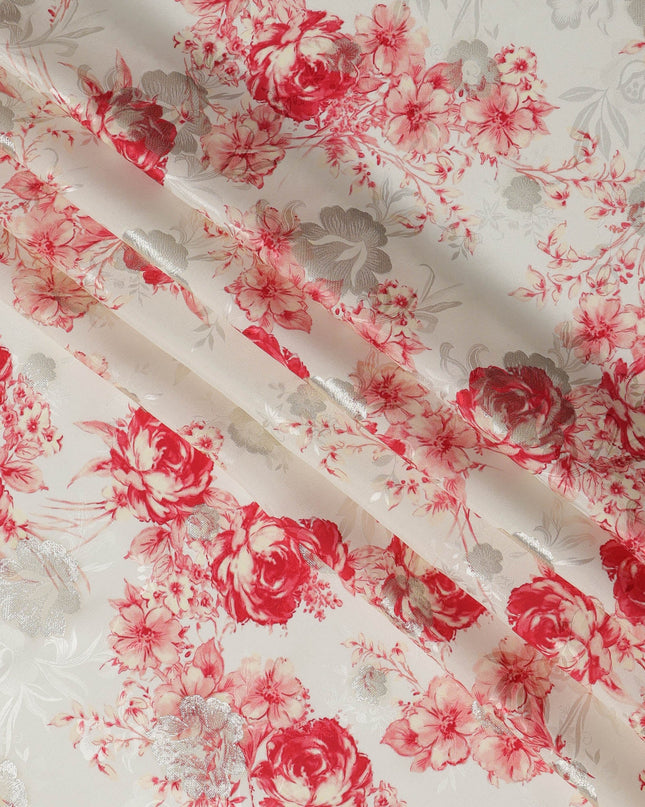 Ivory and Red Floral Silk Satin Fabric with Metallic Accents, Width 140 cm, South Korea-D21292