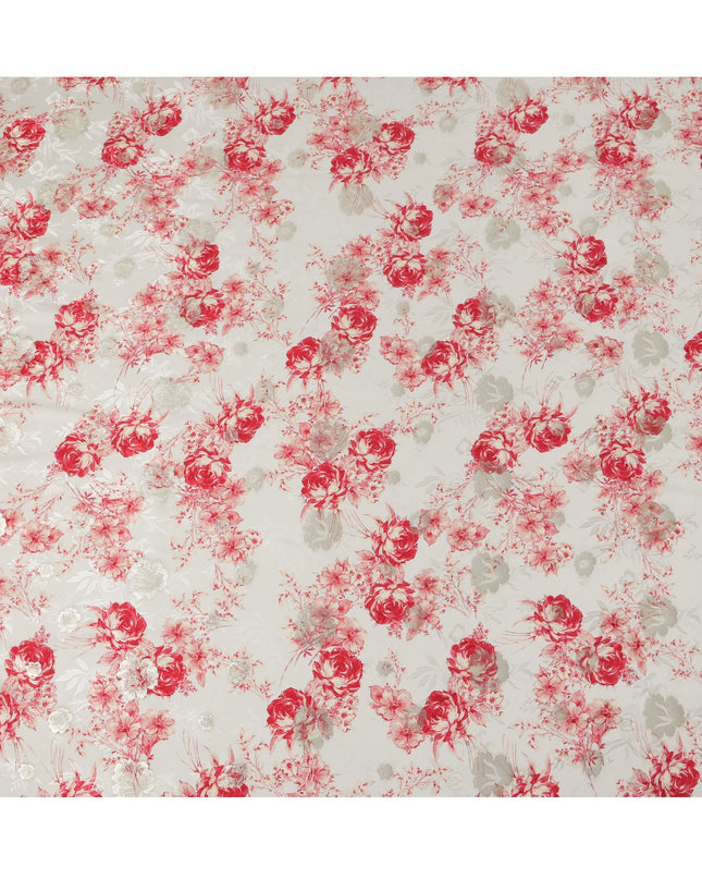 Ivory and Red Floral Silk Satin Fabric with Metallic Accents, Width 140 cm, South Korea-D21292